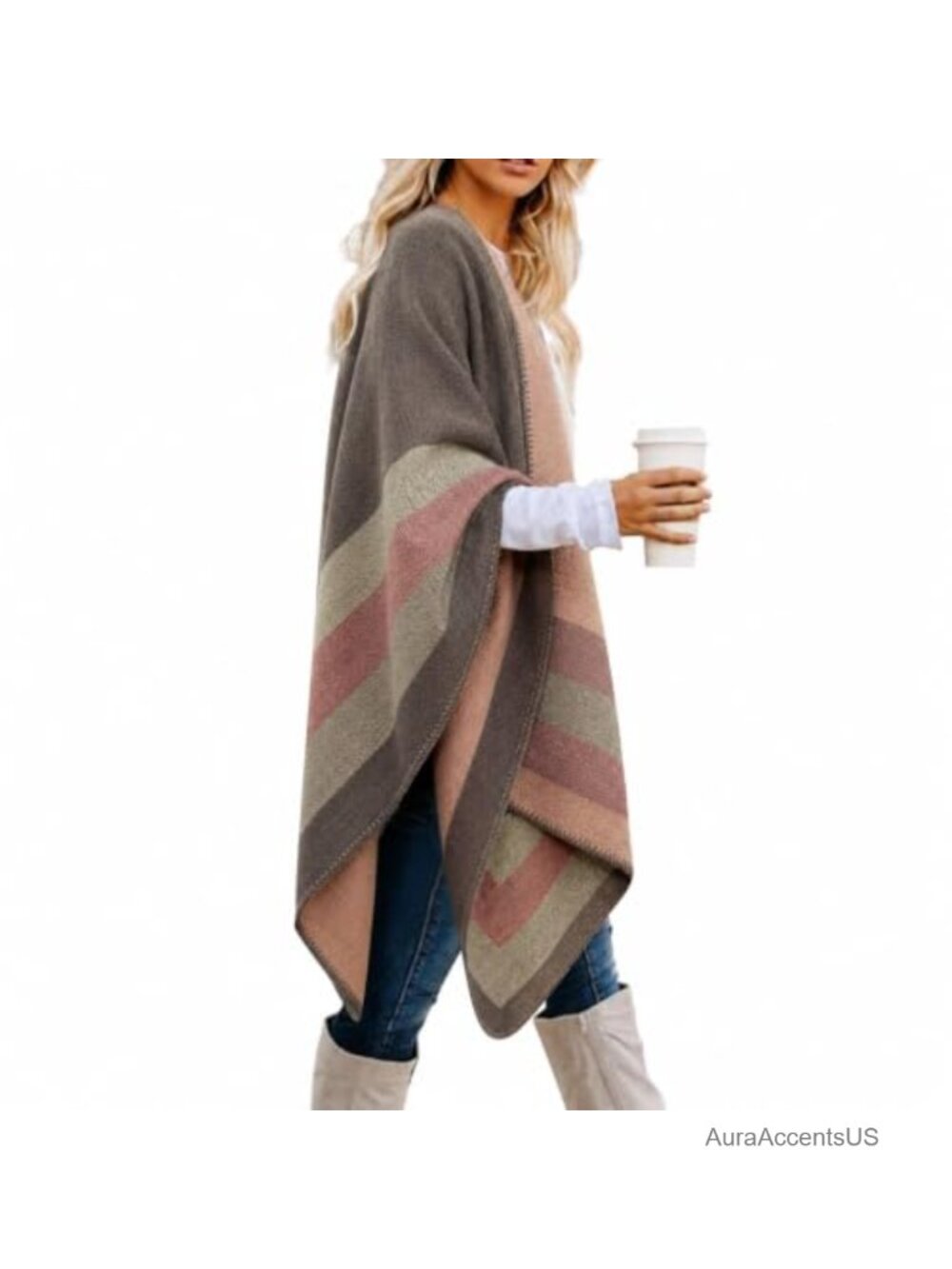 Plaid Shawl Wrap for Women Open Front Poncho Reversible Fall Winter